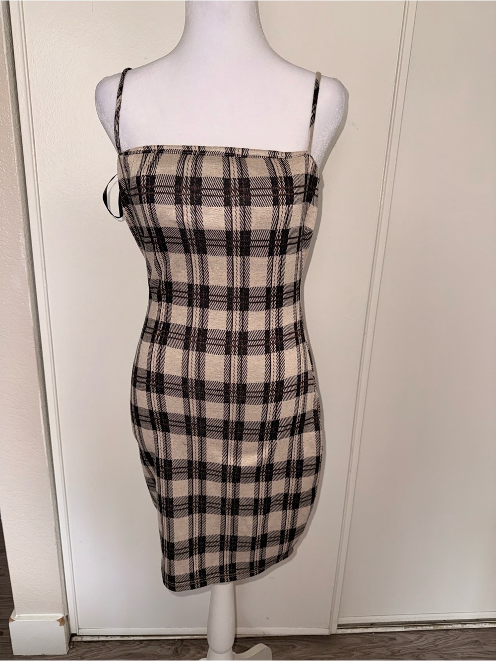 149. Plaid Spaghetti-Strap Bodycon Dress in Cream and Black